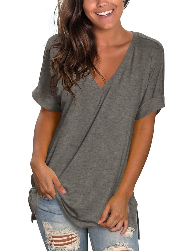 SAMPEEL Womens Short Sleeve Tops Plus Size Casual Tees Summer V Neck T Shirt Dark Gray XXL - Image 2